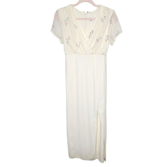Vintage 90s Y2K Maurices Cream Embroidered Maxi Dress Sheer Floral Slit Size 7-8 - Picture 1 of 10